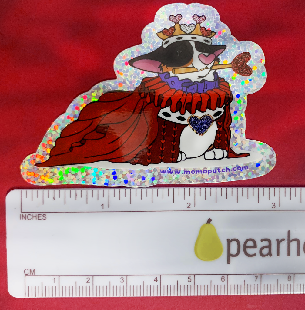 Queen of Hearts Tri Corgi Alice in Wonderland Vinyl Glitter Sticker - Momo Patch