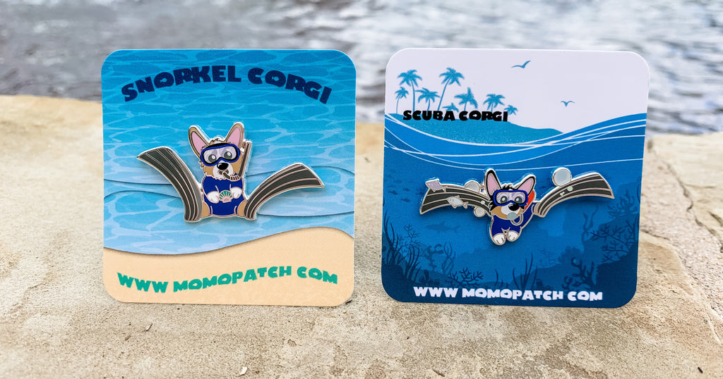 Snorkel and Scuba Corgi Hard Enamel Pins - Momo Patch