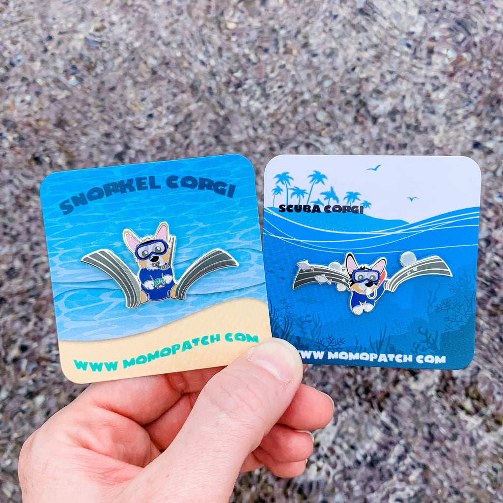 Snorkel and Scuba Corgi Hard Enamel Pins - Momo Patch