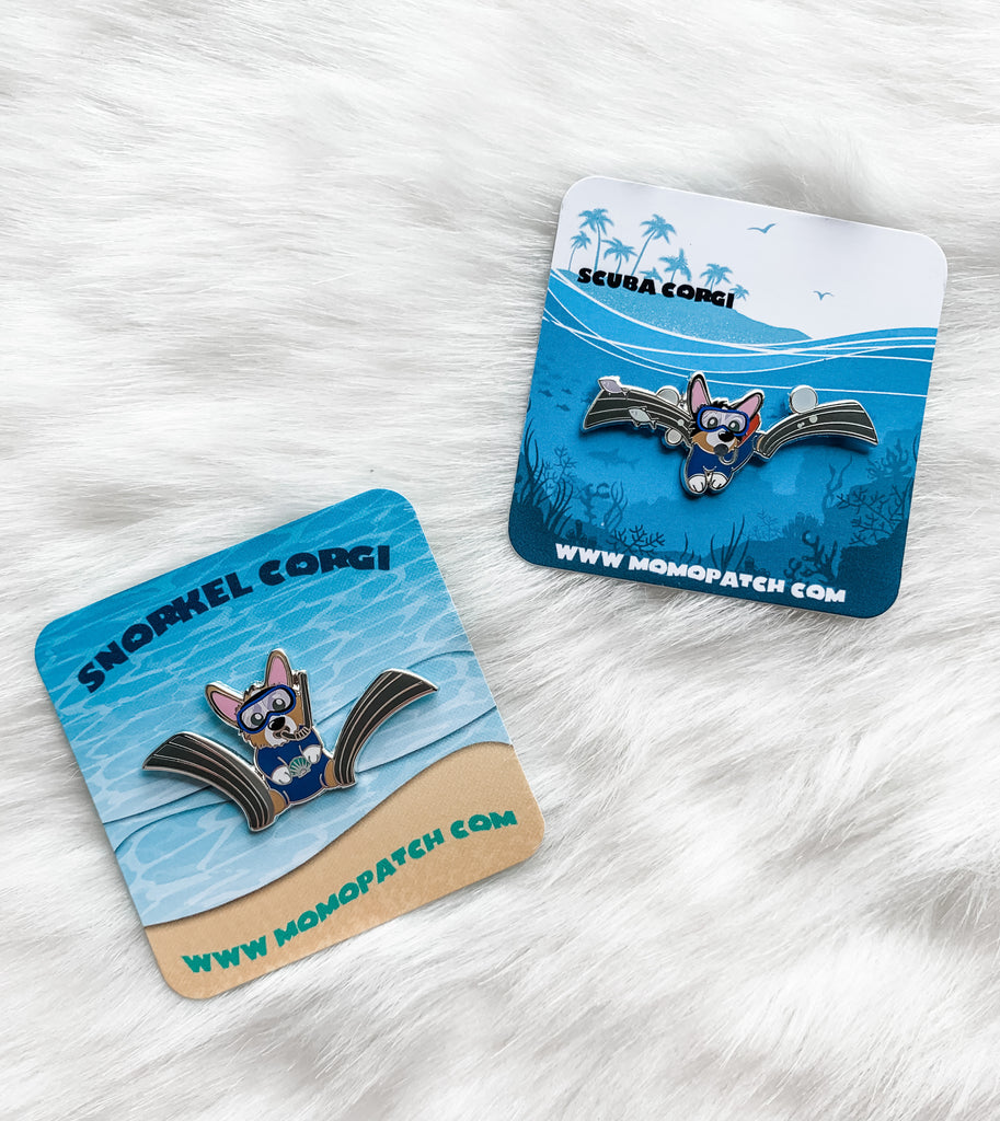 Snorkel and Scuba Corgi Hard Enamel Pins - Momo Patch