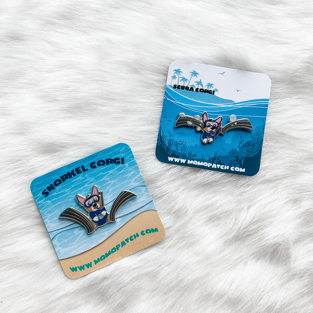 Snorkel and Scuba Corgi Hard Enamel Pins - Momo Patch