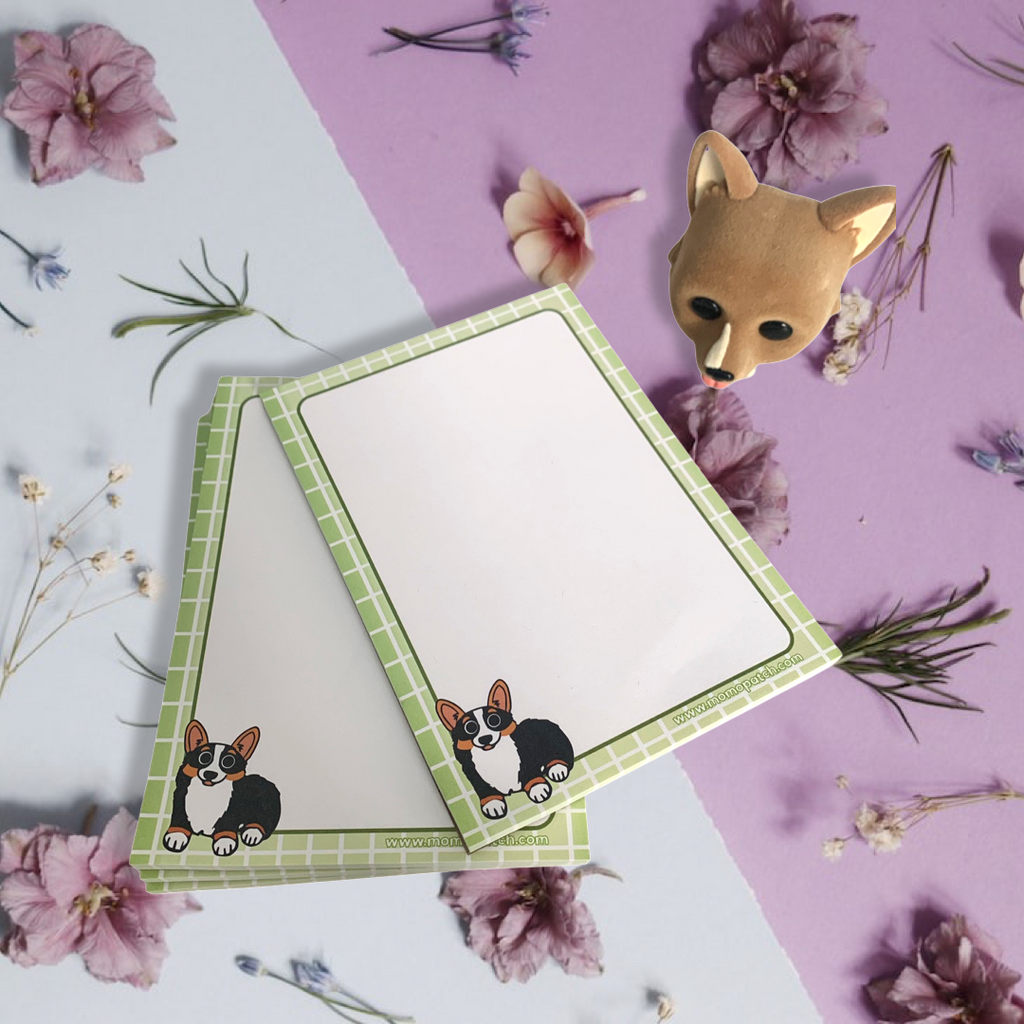 Red & White Corgi Lavender and/or Tri Corgi Green Notepad - Momo Patch