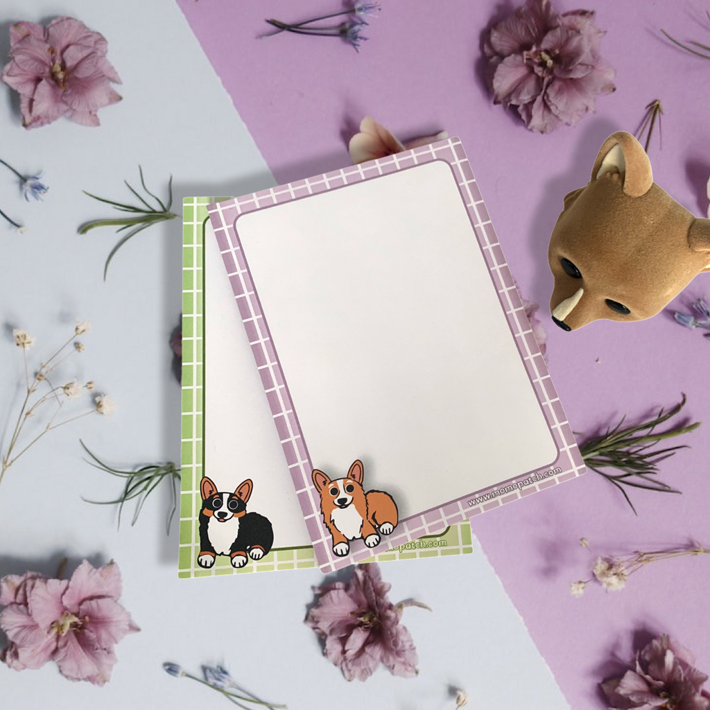Red & White Corgi Lavender and/or Tri Corgi Green Notepad - Momo Patch