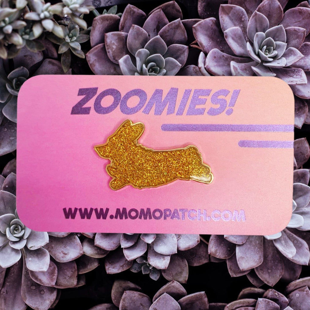Gold Glitter 'Zoomies' Hard Enamel Corgi Pin - Momo Patch